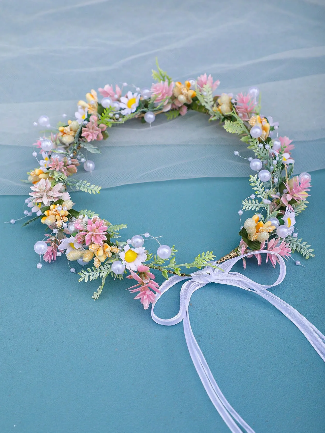 1pc Handmade Red Flower Bridal Headband With Forest Themed Pink Princess Headpiece And Cute Daisy Accessory For Bride, Flower Girl Headwear Boho Tiaras