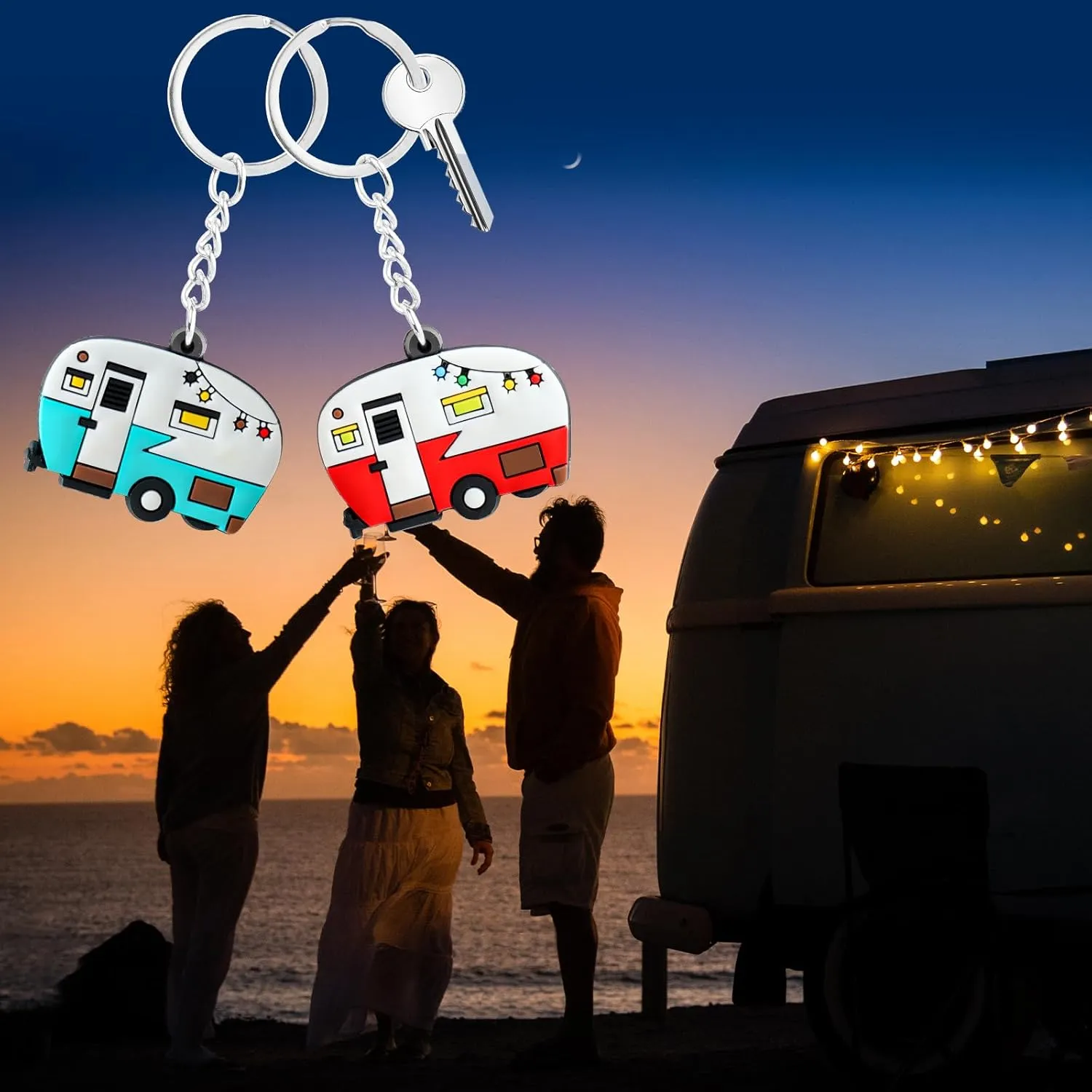 2 Pack Camper Keychain Double-Sided RV Camper Keyring Couple Camping Gifts for Men Women Travel Trailers Accessorie