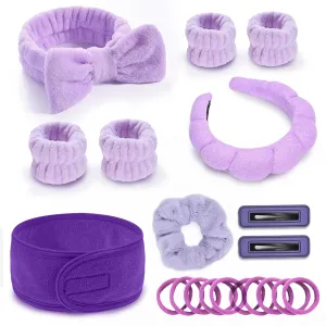 20 Piece Spa Headband and Wristband Set, Face Wash Headband, Skin Care Products Headband and Wristband Set, Bubble Headband,Gifts for Ladies, Women's Headbands(Purple)