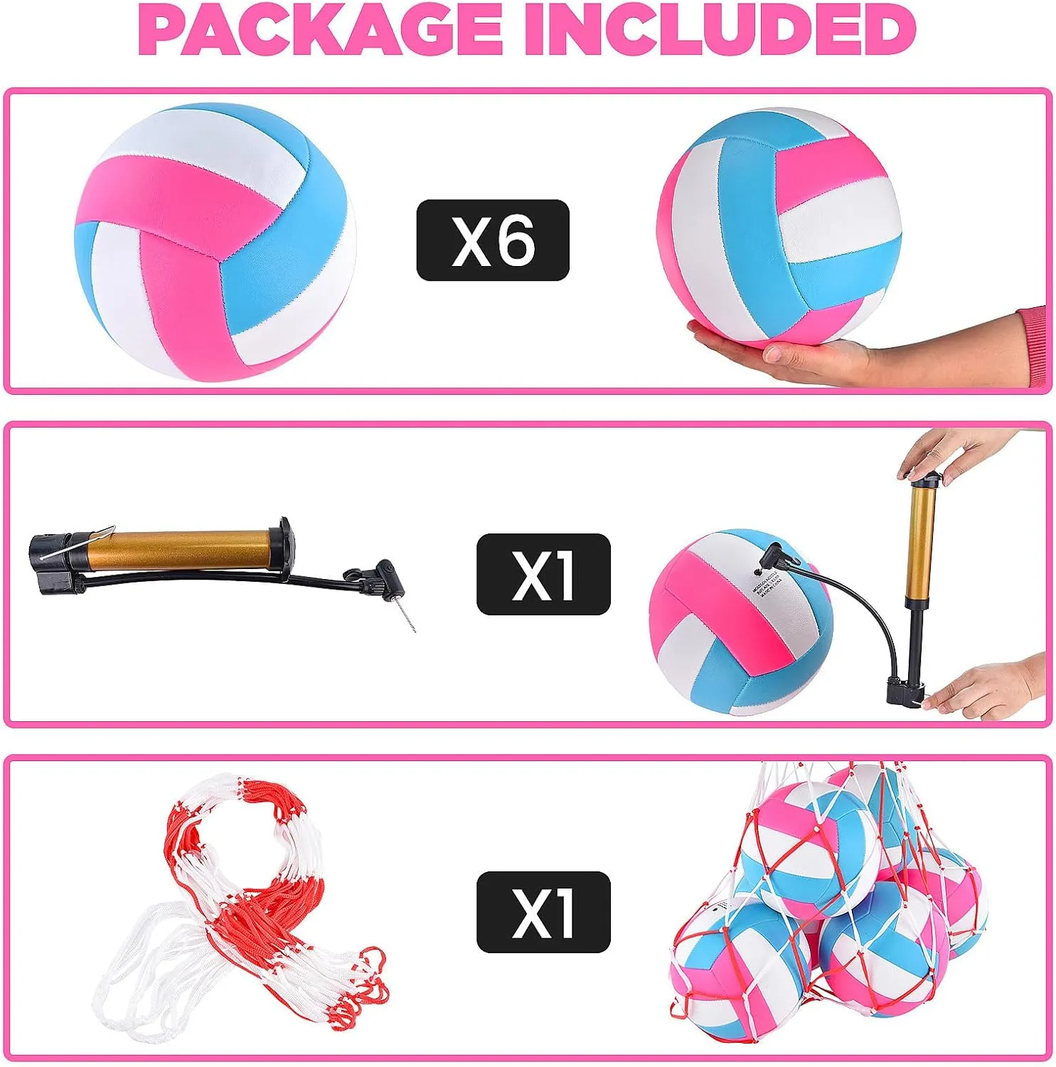 6 Pack Volleyballs Official Size 5, Waterproof Soft Bulk Recreational Volley Balls with Pump and Net Bag for Indoor Outdoor Beach Pool Water Sand Game Training Match for Beginner Teenager