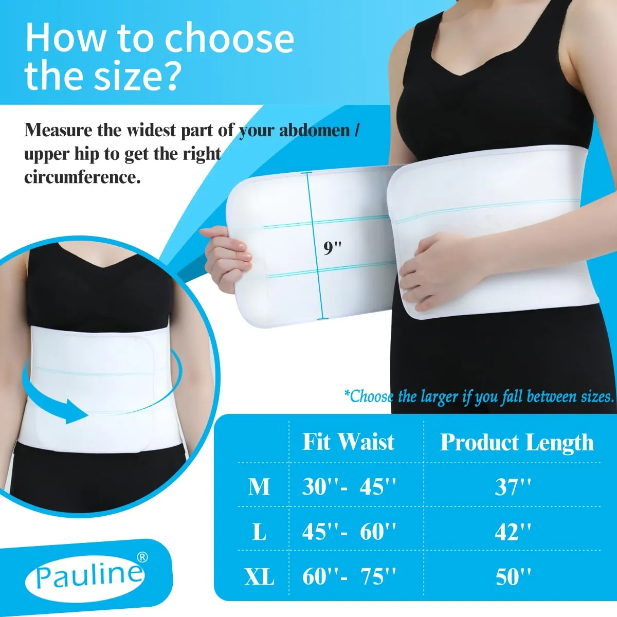 Abdominal Binder Post Surgery Compression Support | Stomach Wrap Belly Band for Hernia Tummy Tuck | Soft, Latex-free, Breathable - (30" - 45") 3 Panel - 9" High