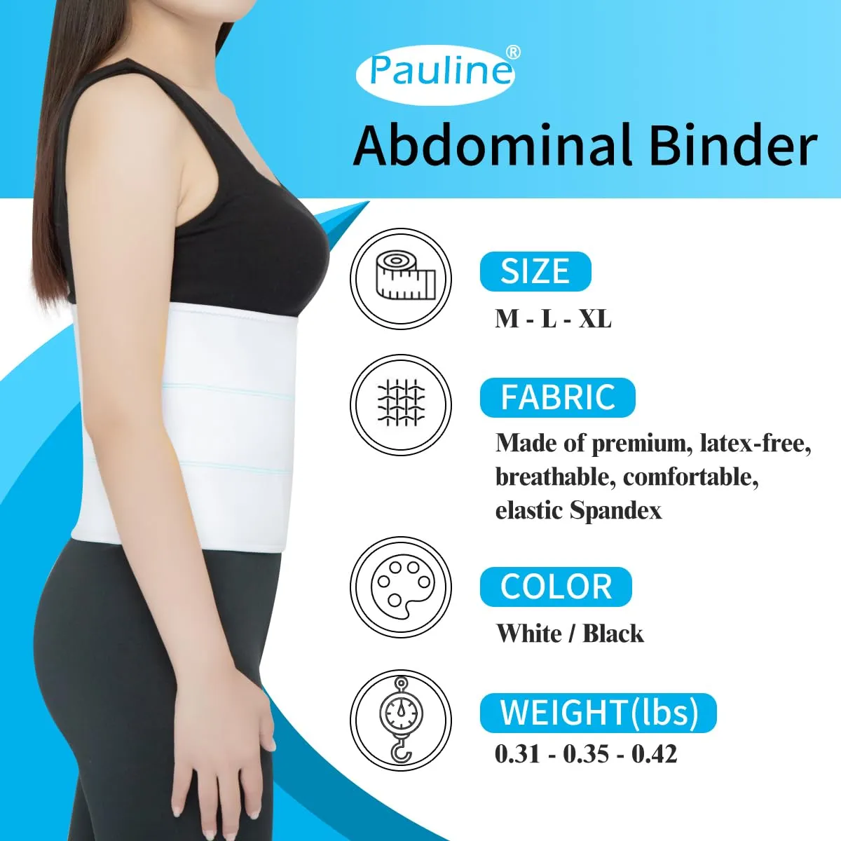Abdominal Binder Post Surgery Compression Support | Stomach Wrap Belly Band for Hernia Tummy Tuck | Soft, Latex-free, Breathable - (30" - 45") 3 Panel - 9" High