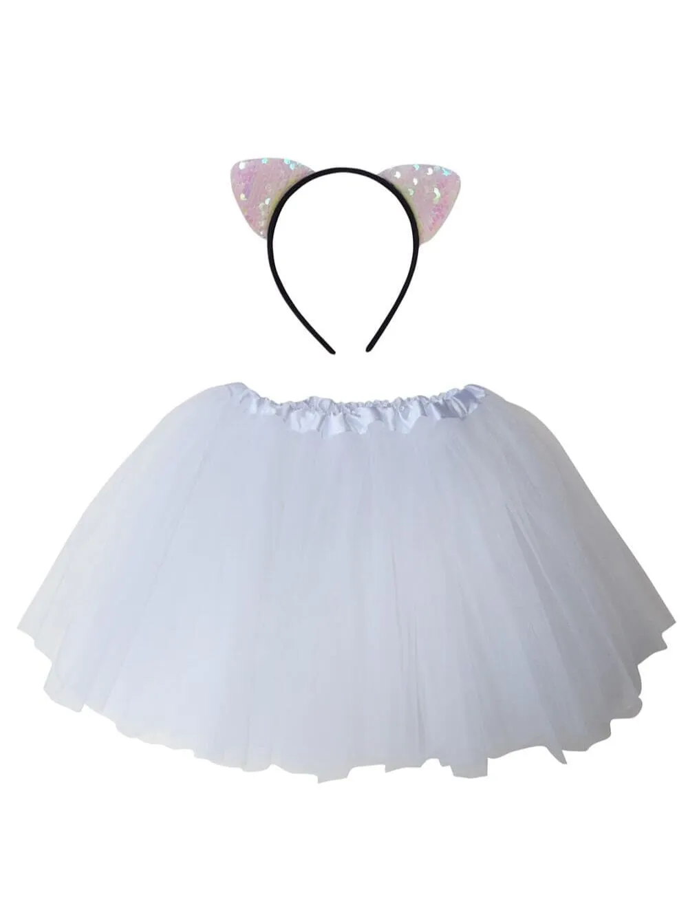 Adult White Cat Costume - Tutu Skirt & Flip Sequin Headband Set for Adult or Plus Size