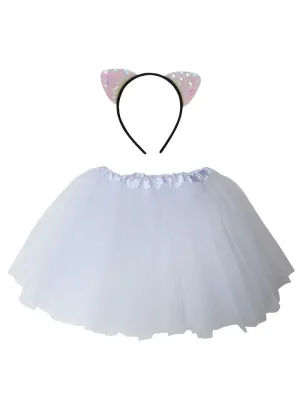 Adult White Cat Costume - Tutu Skirt & Flip Sequin Headband Set for Adult or Plus Size