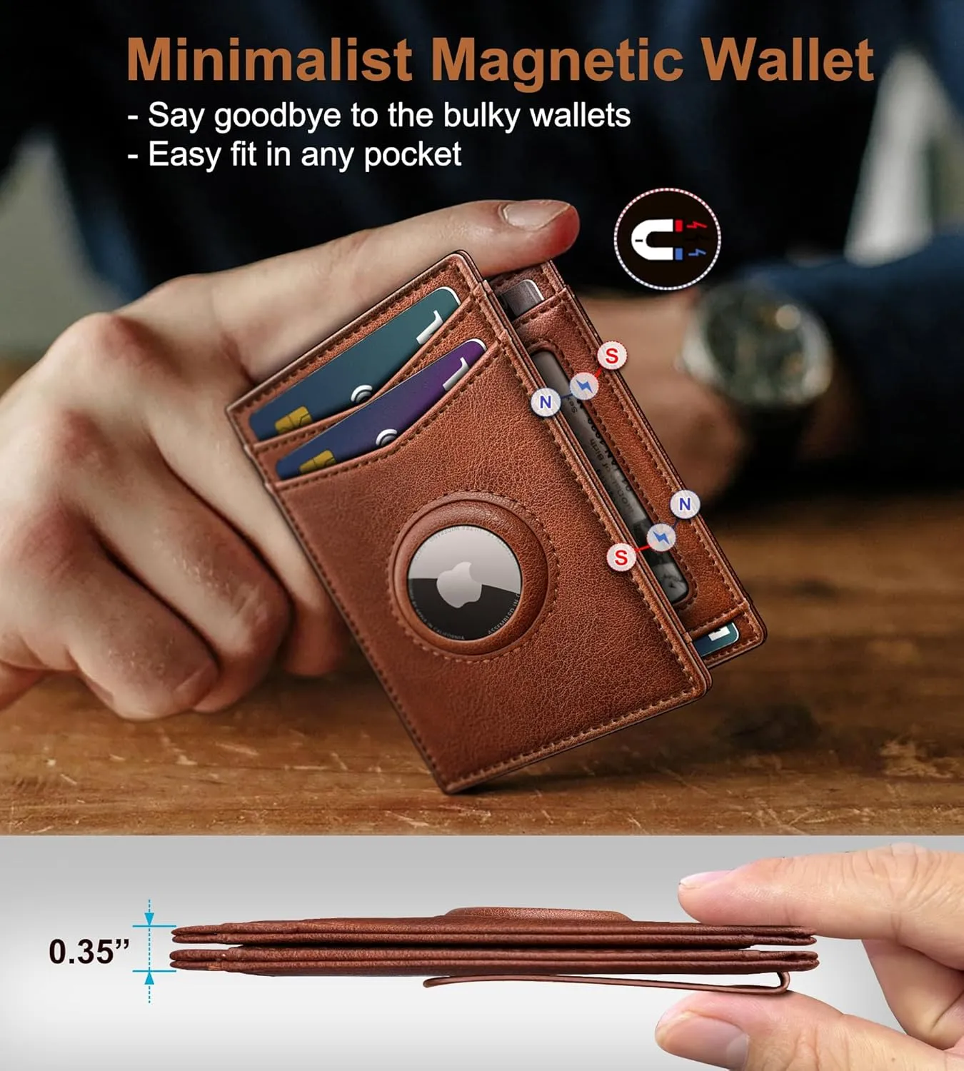 Airtag Wallet for Men- With Money Clip Gift Boxed, Magnetic Closure Slim Genuine Leather Front Pocket Wallet, 3.9"x 2.7", RFID Blocking