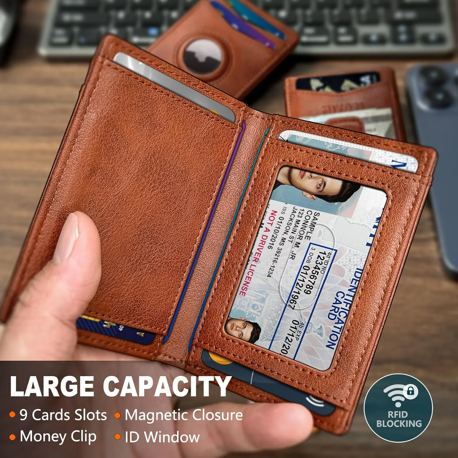 Airtag Wallet for Men- With Money Clip Gift Boxed, Magnetic Closure Slim Genuine Leather Front Pocket Wallet, 3.9"x 2.7", RFID Blocking