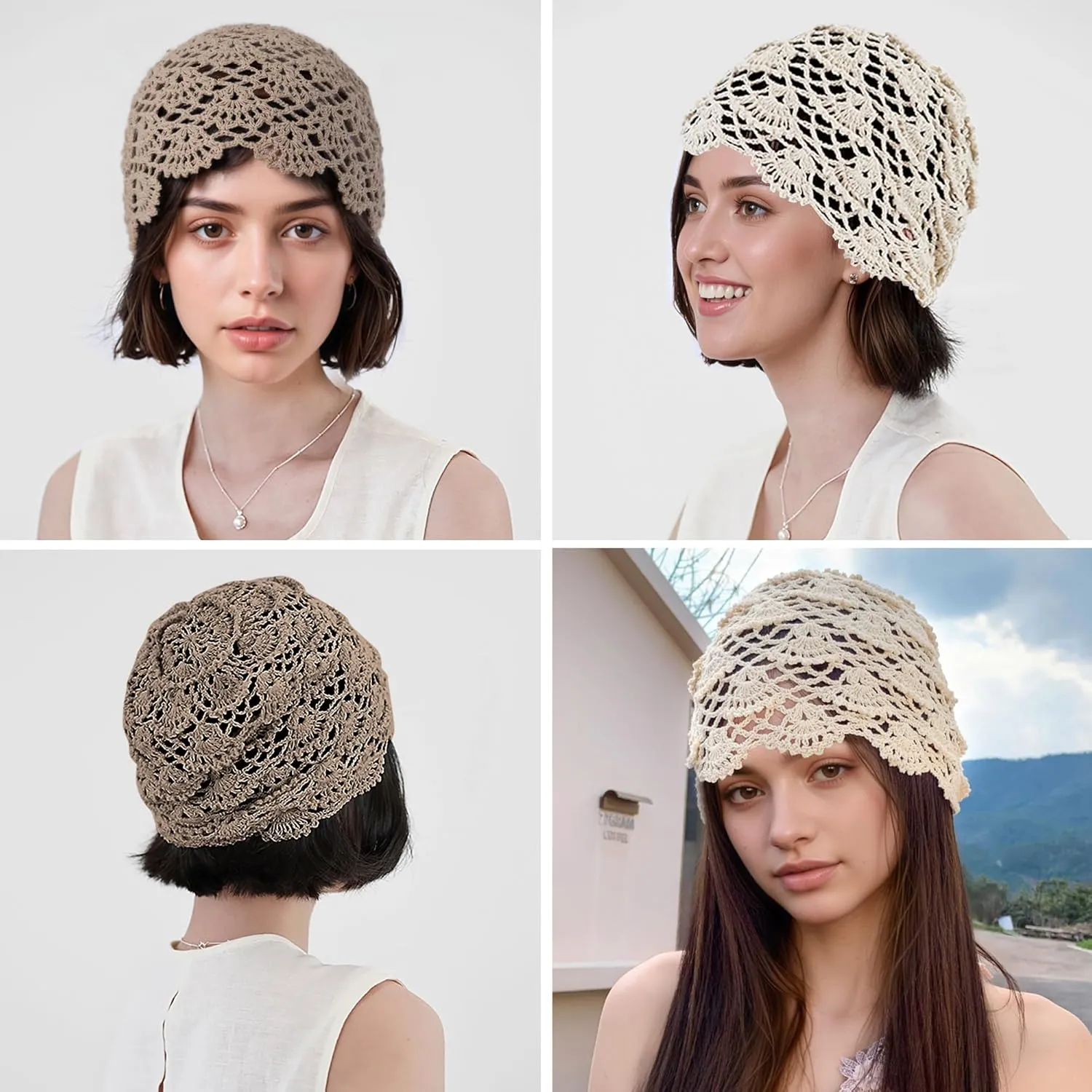 Babalet Women Cotton Crochet Beanie Hat Handmade Knit Floral Skull Cap Stretchy Slouchy Cutout Hats Summer Boho Fashion