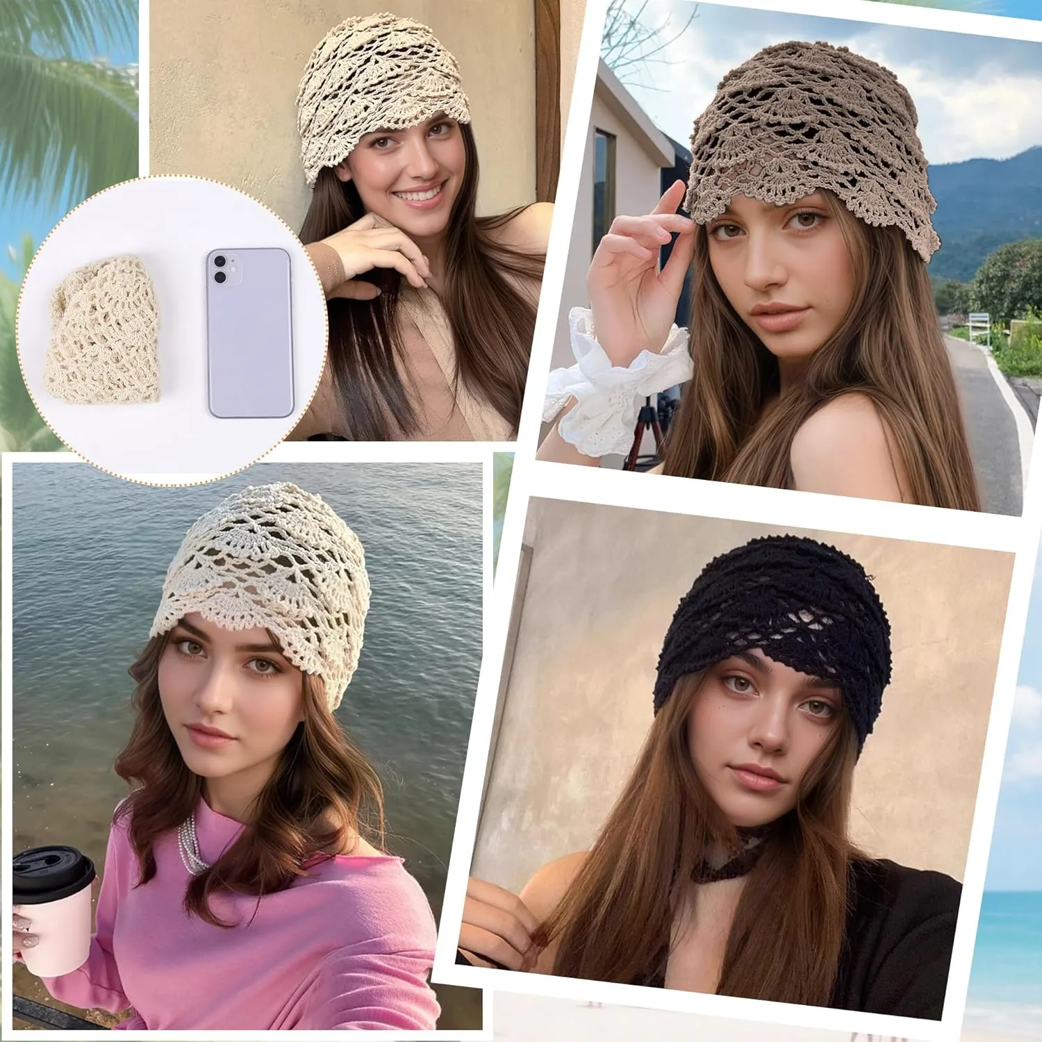 Babalet Women Cotton Crochet Beanie Hat Handmade Knit Floral Skull Cap Stretchy Slouchy Cutout Hats Summer Boho Fashion