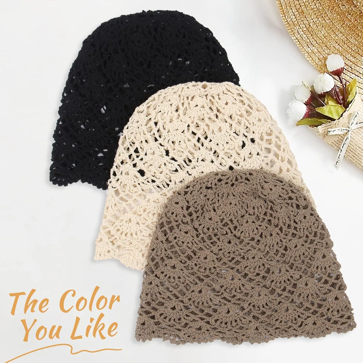Babalet Women Cotton Crochet Beanie Hat Handmade Knit Floral Skull Cap Stretchy Slouchy Cutout Hats Summer Boho Fashion
