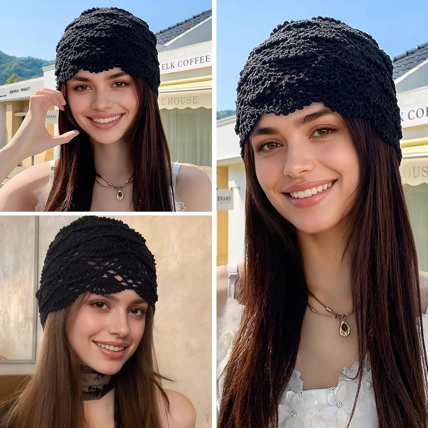 Babalet Women Cotton Crochet Beanie Hat Handmade Knit Floral Skull Cap Stretchy Slouchy Cutout Hats Summer Boho Fashion