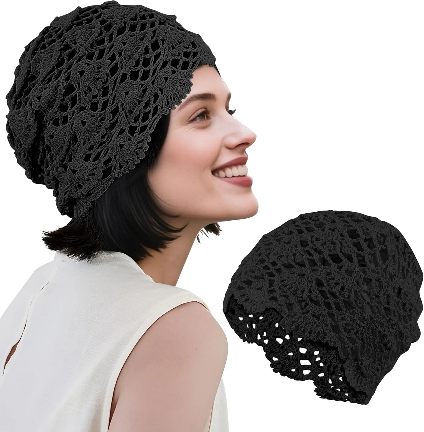Babalet Women Cotton Crochet Beanie Hat Handmade Knit Floral Skull Cap Stretchy Slouchy Cutout Hats Summer Boho Fashion