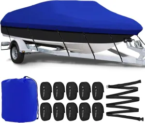 Boat Cover, 16-18.5ft Waterproof Trailerable Boat Cover with Buckle Straps, 600D PU Heavy Duty Nautical Grade Cover for V-Hull, Bass Boat, Runabout Boat, Fishing Boat, Ski Boat, Blue