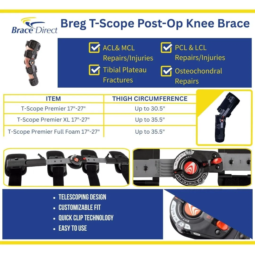 Brace Direct Breg T Scope Premier Post-Op Knee Brace: Adjustable ROM Support for ACL PCL MCL Recovery L1833 L1832, Thigh up to 30.5 in