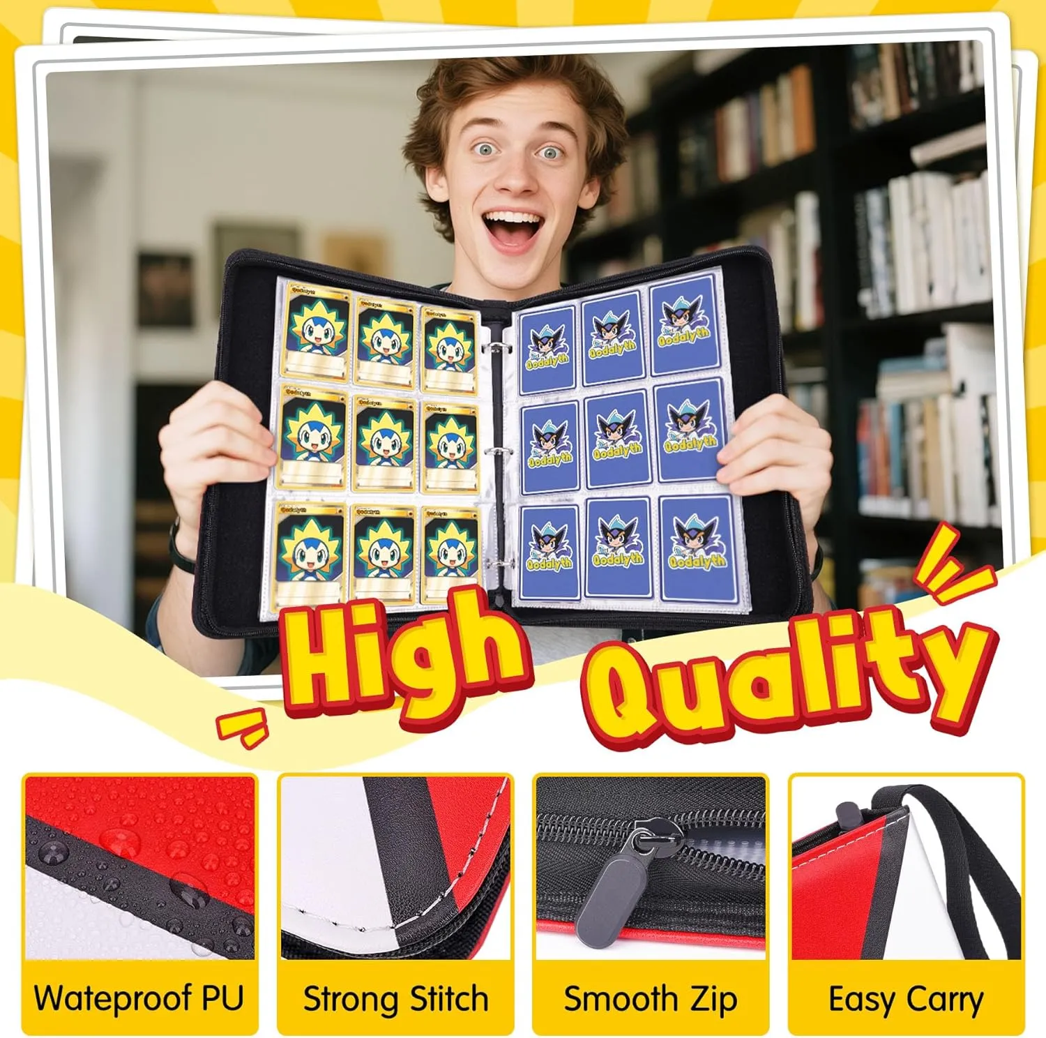 Card Binder  9 Pocket Zipper Collection Album, Premium PU Holder, Double-Sided Display for 400 Cards, Includes 5 Hard Plastic Sleeves for Game Cards, Sports Cards
