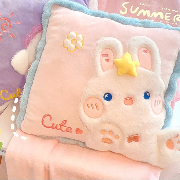 Cute Cartoon Animal Embroidery Pillow with Blanket