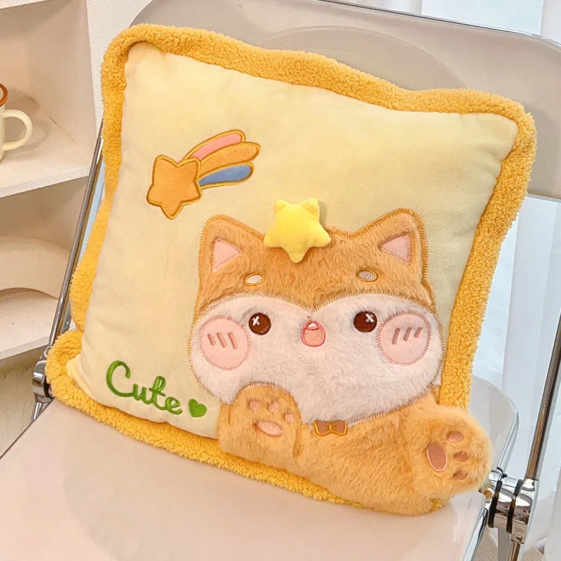 Cute Cartoon Animal Embroidery Pillow with Blanket