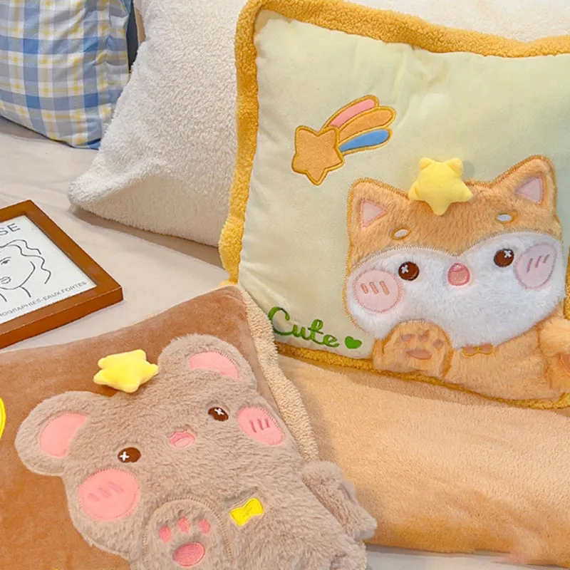 Cute Cartoon Animal Embroidery Pillow with Blanket