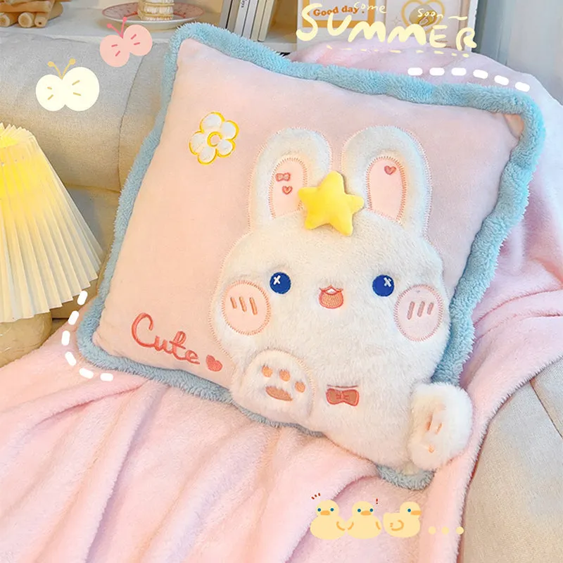 Cute Cartoon Animal Embroidery Pillow with Blanket
