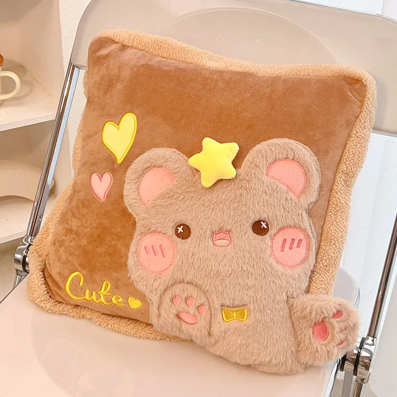 Cute Cartoon Animal Embroidery Pillow with Blanket