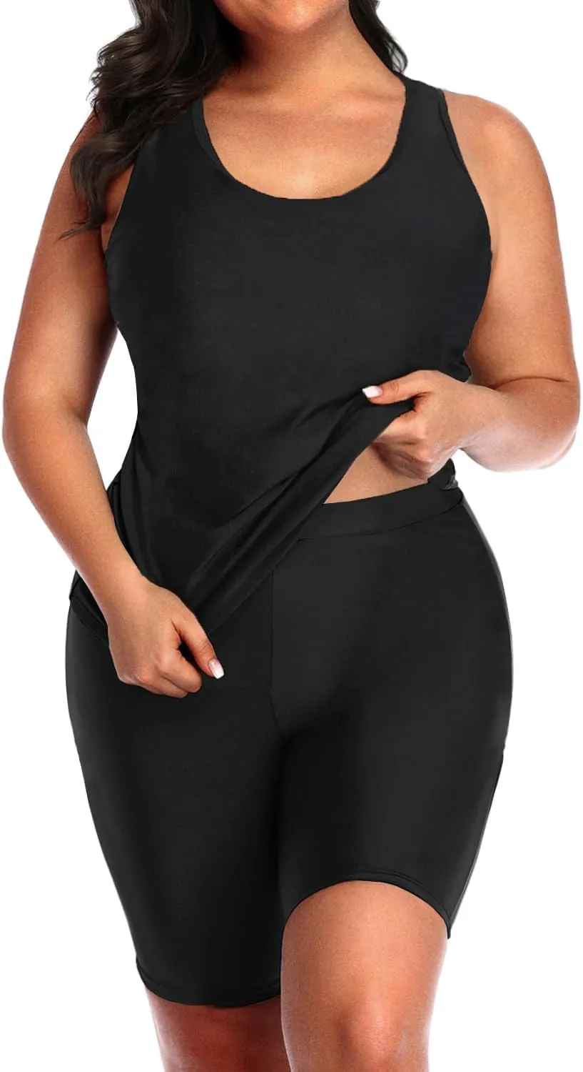Daci Women's Plus Size Tankini Swimsuit - Two Piece Rash Guard with Capris Shorts and Athletic Racerback Bathing Suit