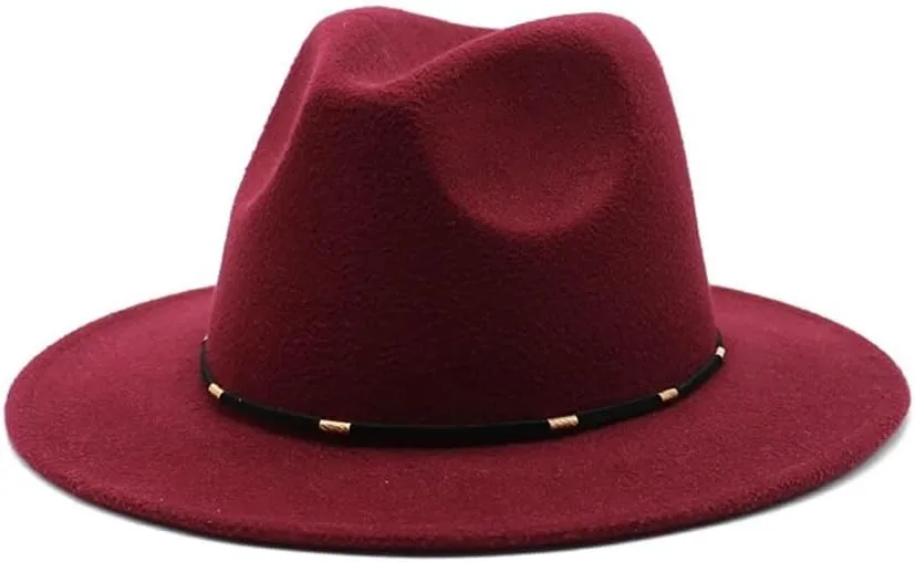 DHAEY Autumn and Winter Woolen British Jazz Hat, European and American Flat Brim Top Hat Four Seasons Versatile Felt Hat Luopan Caps & Hats (Color : Claret, Size : Medium(56-58cm))