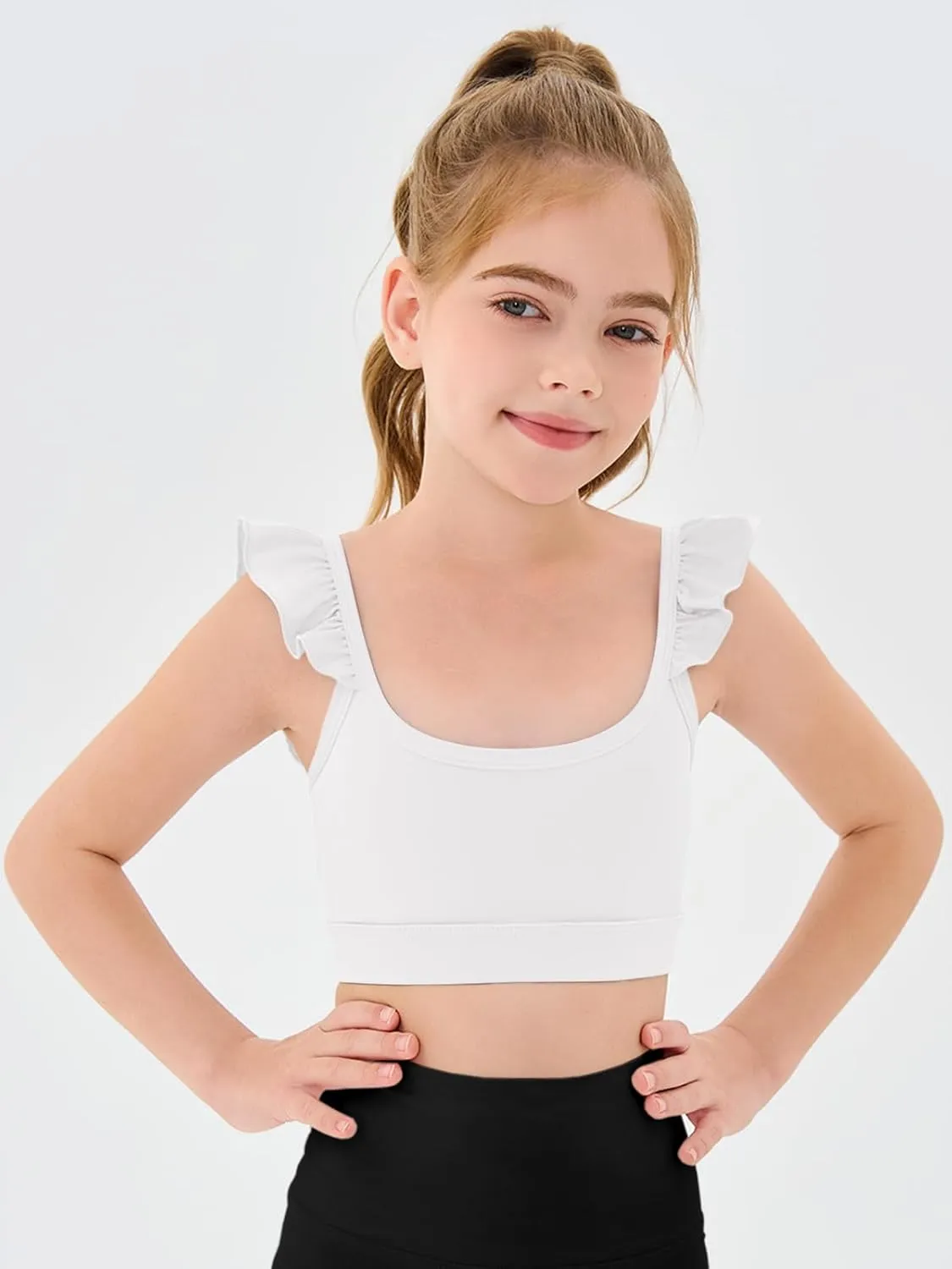 Haloumoning Girls Training Bra Kids Cute Ruffle Sports Bra Workout Yoga Bra Comfort Dance Crop Top