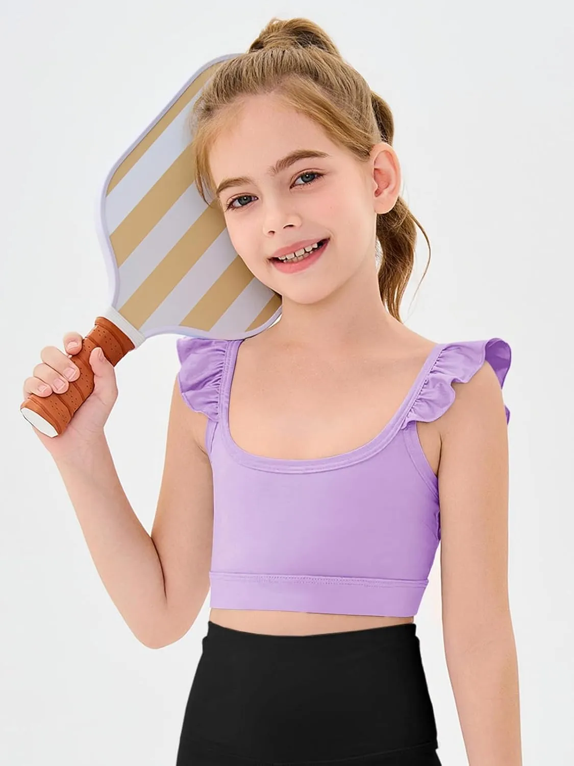Haloumoning Girls Training Bra Kids Cute Ruffle Sports Bra Workout Yoga Bra Comfort Dance Crop Top