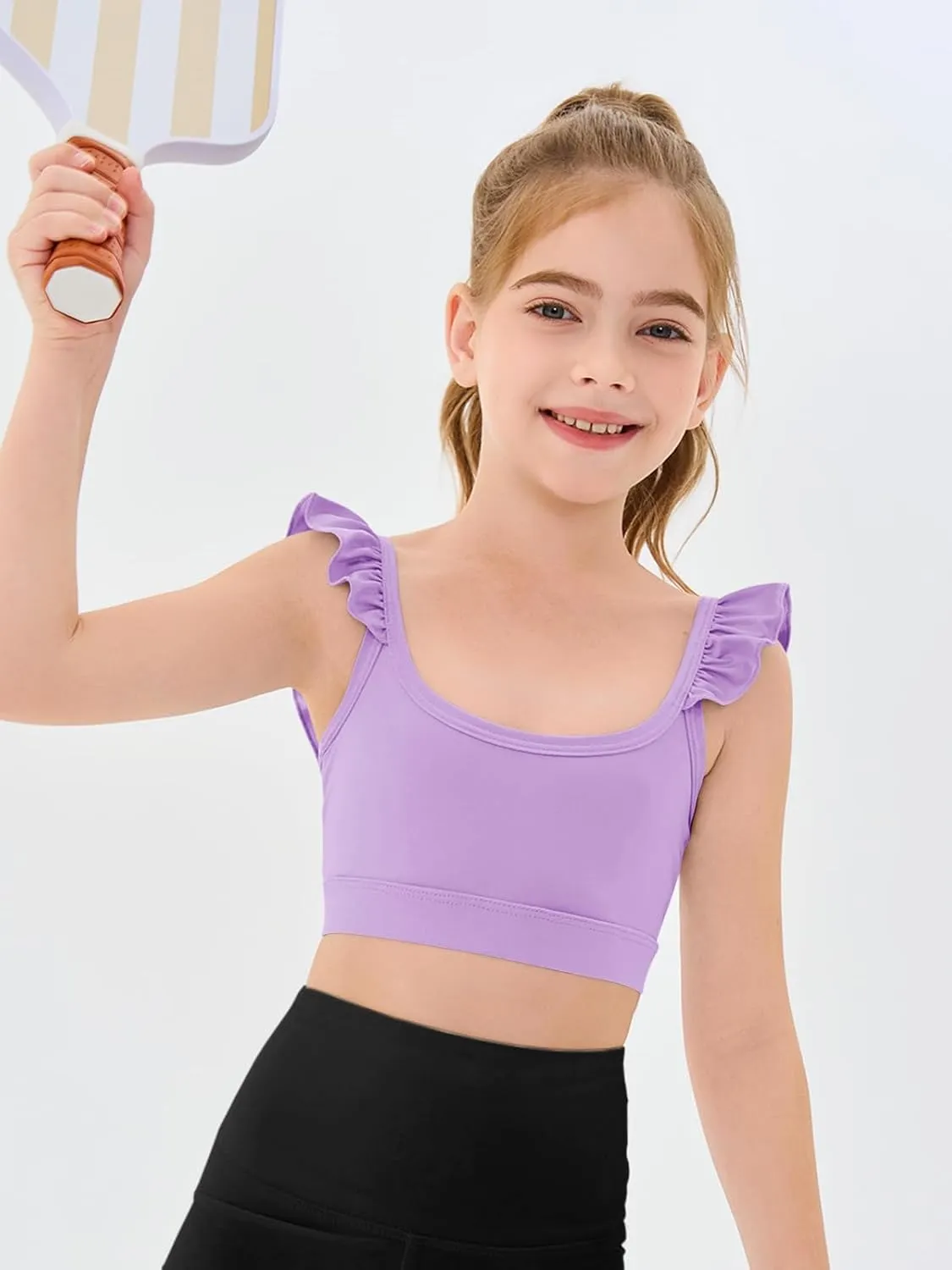 Haloumoning Girls Training Bra Kids Cute Ruffle Sports Bra Workout Yoga Bra Comfort Dance Crop Top