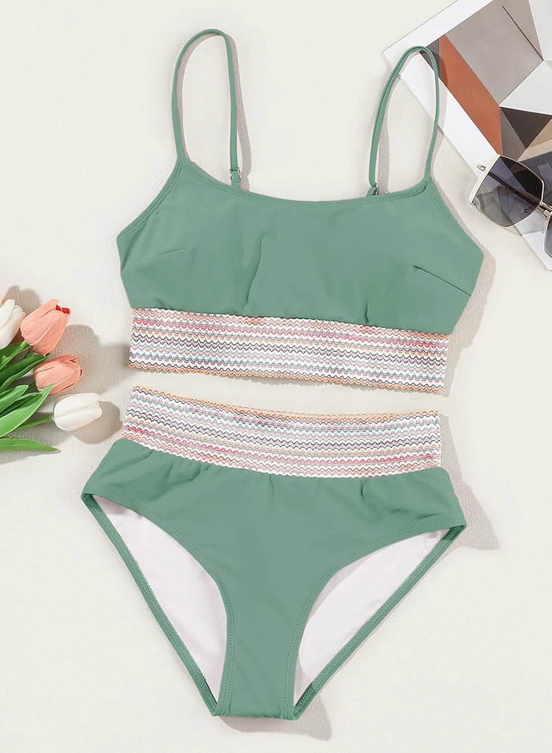 Herseas Women's Bikini Sets Colorblock Trim 2 Piece High Waisted Swimsuit Scoop Neck Adjustable Spaghetti Straps Bathing Suit