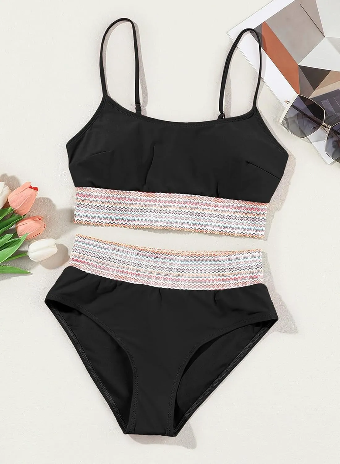 Herseas Women's Bikini Sets Colorblock Trim 2 Piece High Waisted Swimsuit Scoop Neck Adjustable Spaghetti Straps Bathing Suit