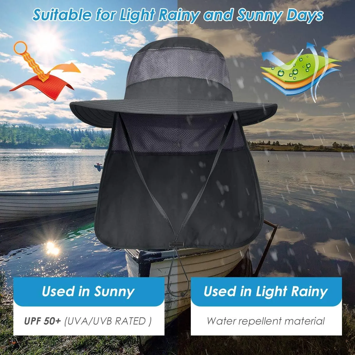 IYEBRAO 2 Pack Mens UV Protection Sun Hat with Neck Flap Summer Foldable Mesh Boonie Cap for Fishing Hiking Garden Work