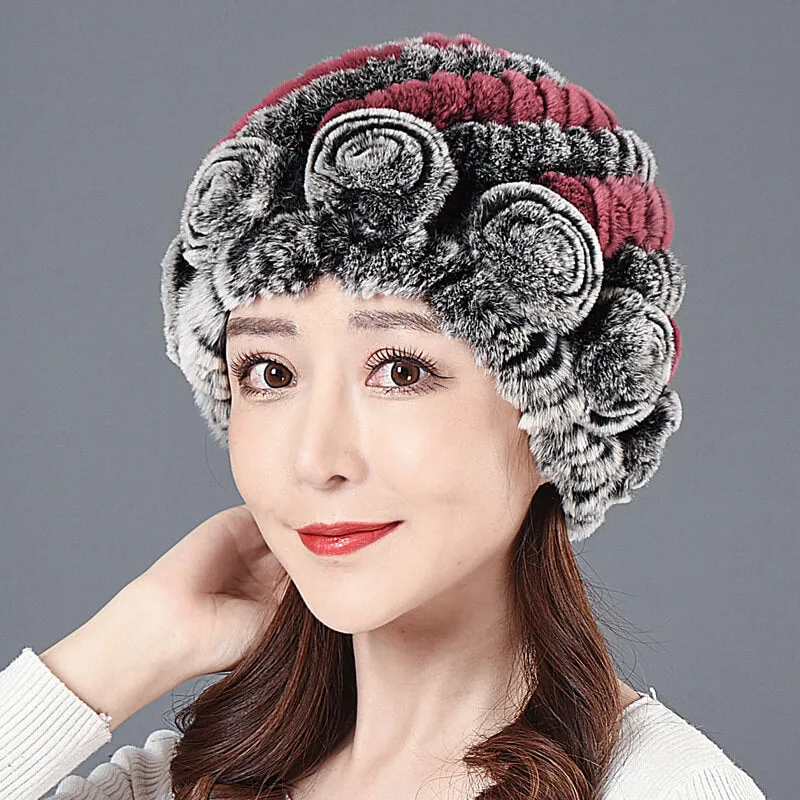 Ladies Skull Hat Knitted Pineapple Hat Real Fur Hat Natural Fur Beanie Hat