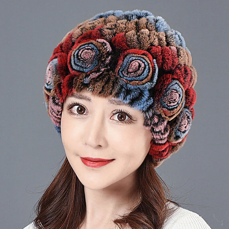 Ladies Skull Hat Knitted Pineapple Hat Real Fur Hat Natural Fur Beanie Hat