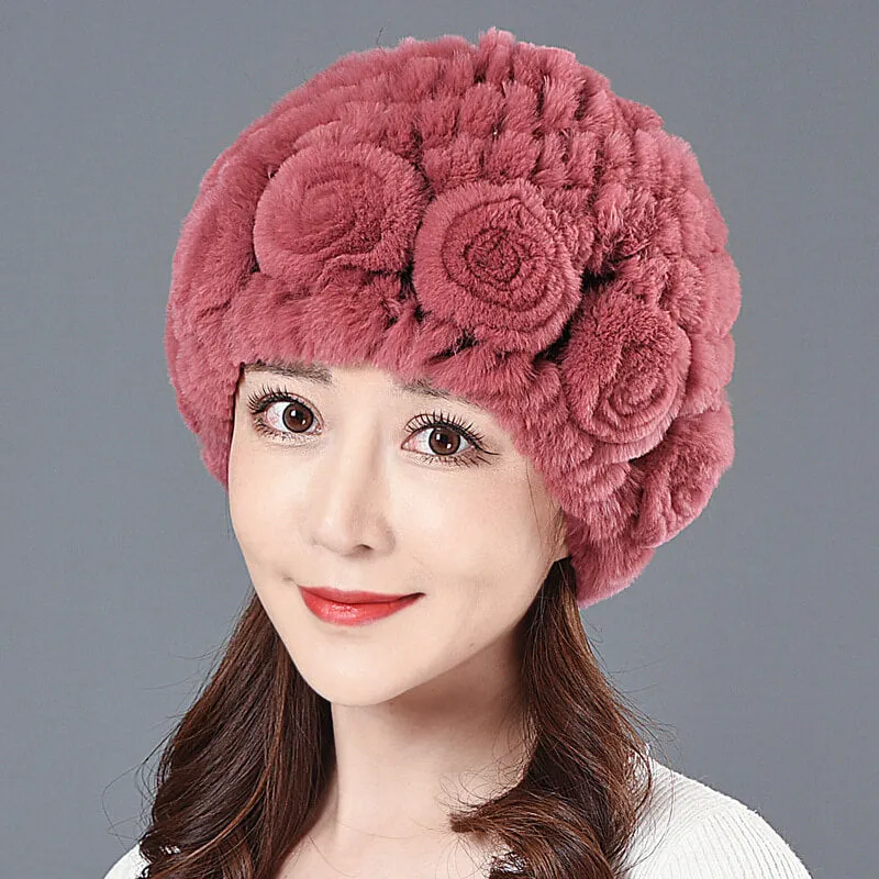 Ladies Skull Hat Knitted Pineapple Hat Real Fur Hat Natural Fur Beanie Hat