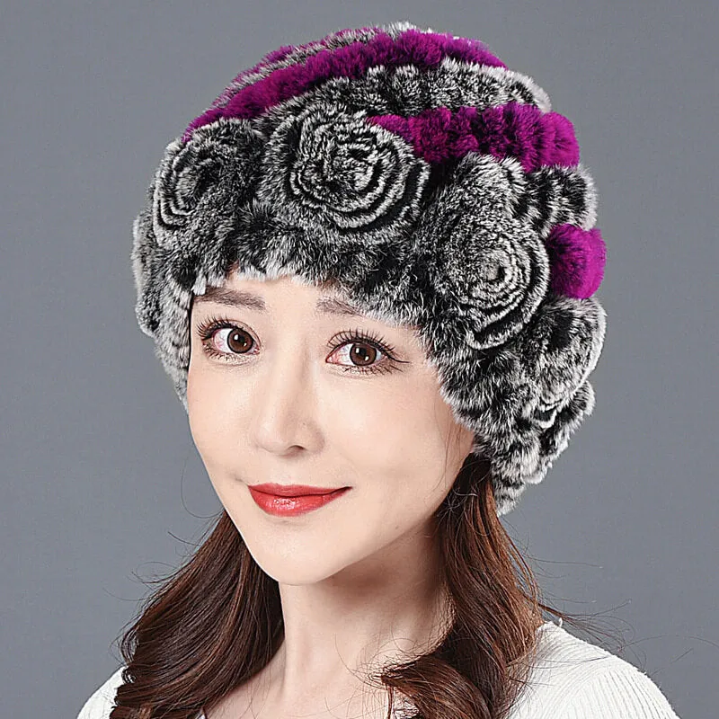 Ladies Skull Hat Knitted Pineapple Hat Real Fur Hat Natural Fur Beanie Hat