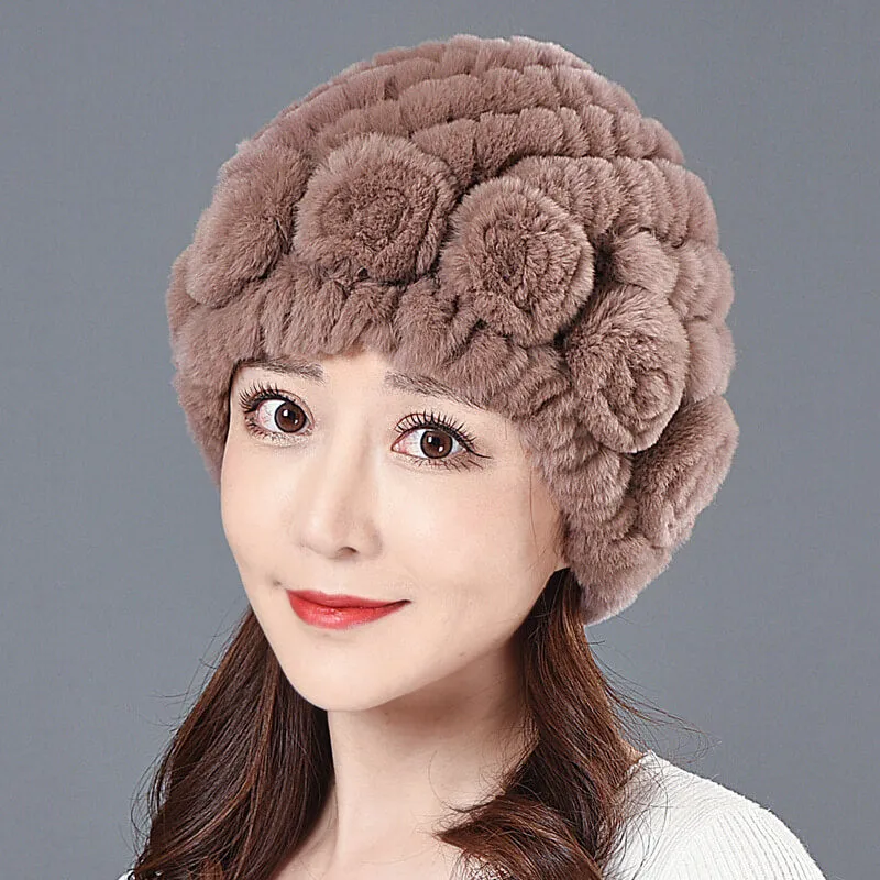 Ladies Skull Hat Knitted Pineapple Hat Real Fur Hat Natural Fur Beanie Hat