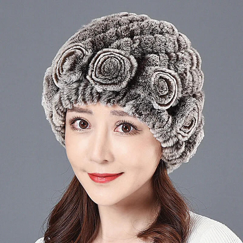Ladies Skull Hat Knitted Pineapple Hat Real Fur Hat Natural Fur Beanie Hat