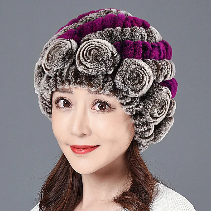 Ladies Skull Hat Knitted Pineapple Hat Real Fur Hat Natural Fur Beanie Hat