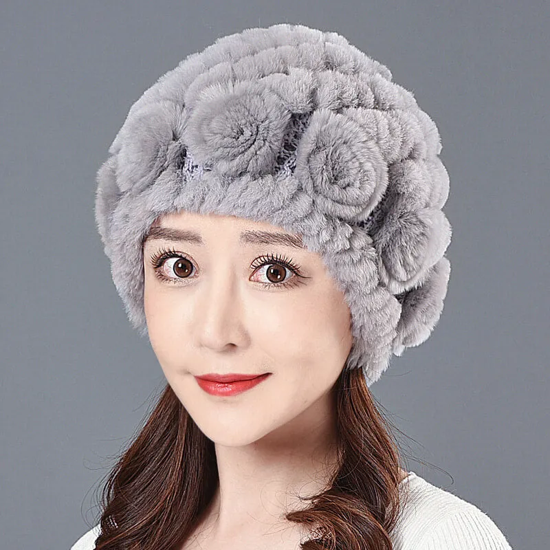 Ladies Skull Hat Knitted Pineapple Hat Real Fur Hat Natural Fur Beanie Hat