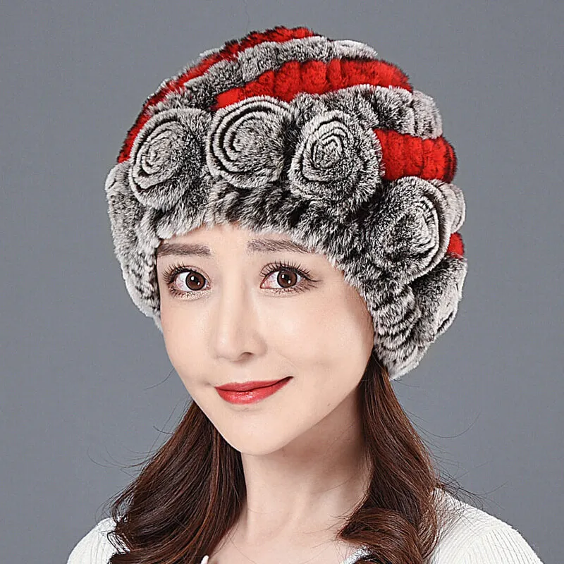 Ladies Skull Hat Knitted Pineapple Hat Real Fur Hat Natural Fur Beanie Hat