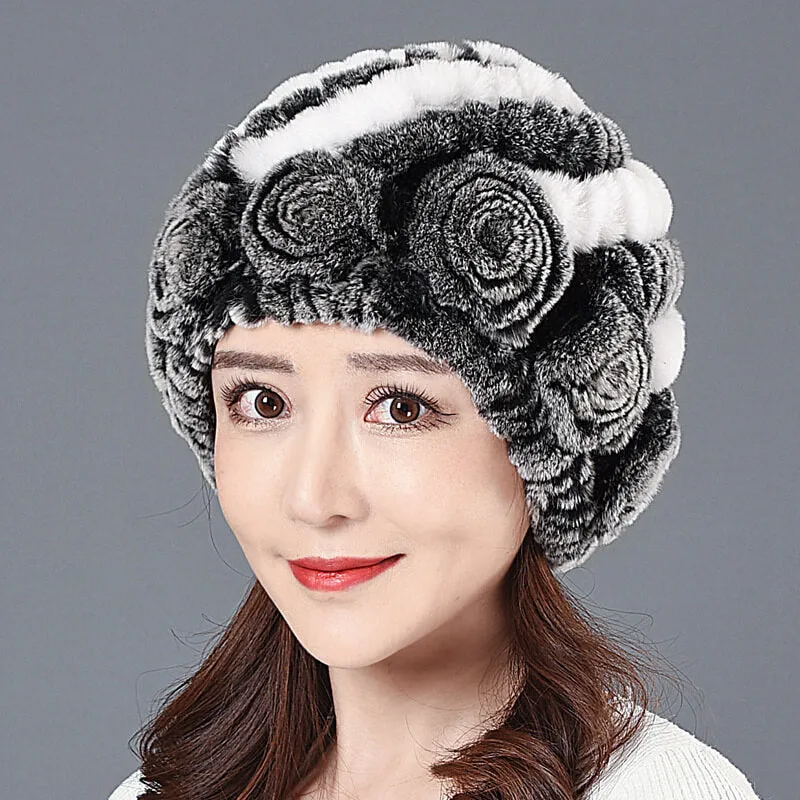 Ladies Skull Hat Knitted Pineapple Hat Real Fur Hat Natural Fur Beanie Hat