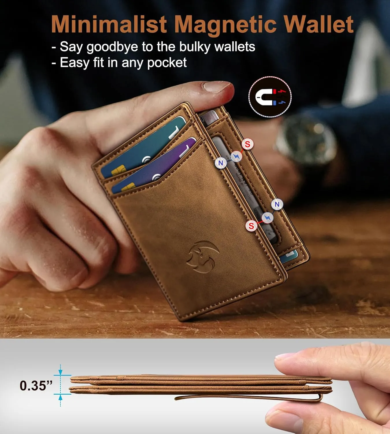 Magnetic Closure Slim Wallet for Men with Money Clip Gift Boxed,Genuine Leather Front Pocket Wallet, 3.9"x 2.7", RFID Blocking