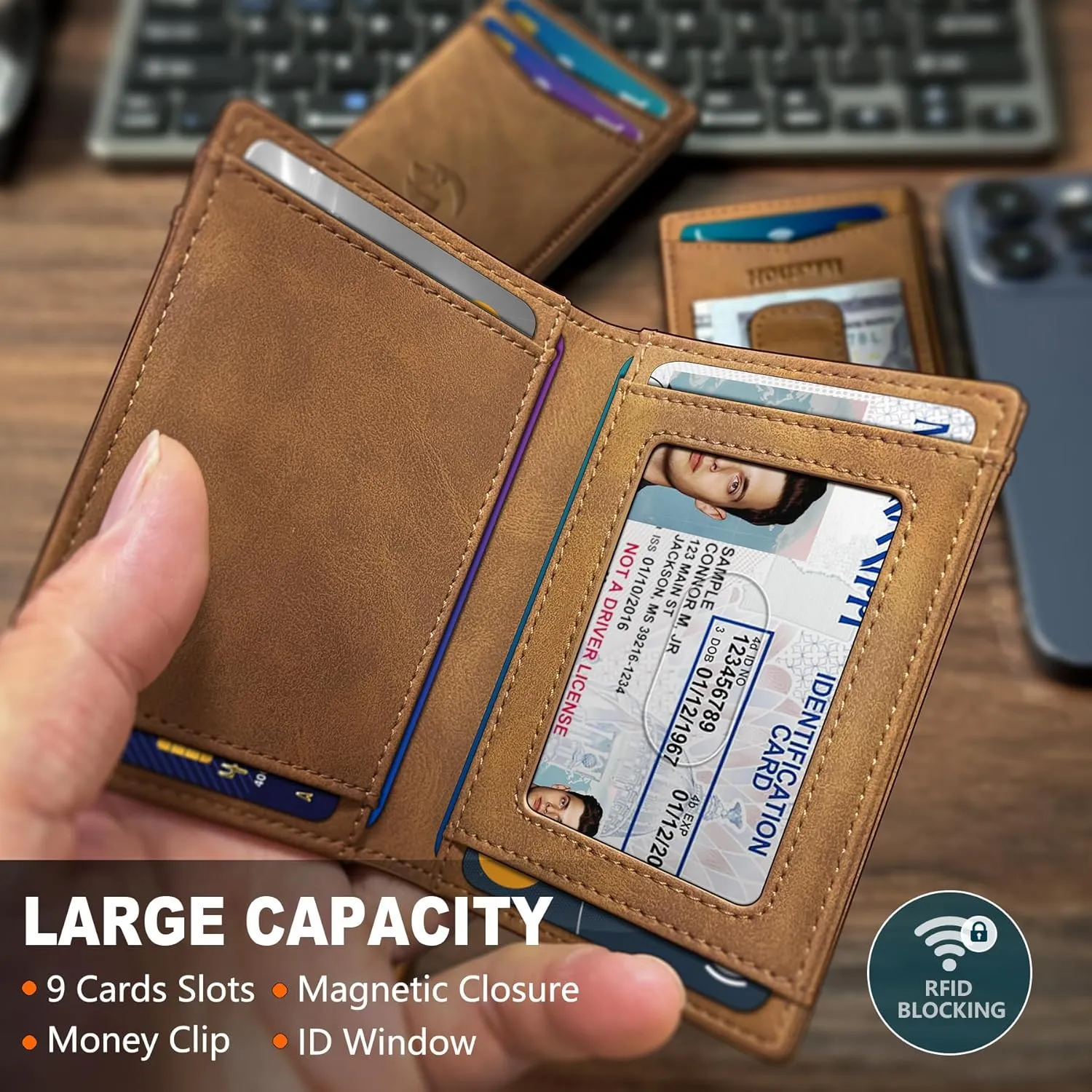 Magnetic Closure Slim Wallet for Men with Money Clip Gift Boxed,Genuine Leather Front Pocket Wallet, 3.9"x 2.7", RFID Blocking