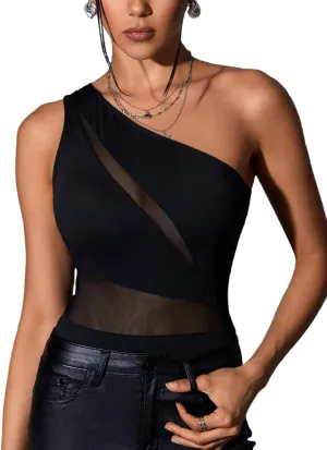 MakeMeChic Women's Summer Mesh Bodysuits One Shoulder Tops Party Cut Out Sleeveless Slim Fit Leotards Shirts