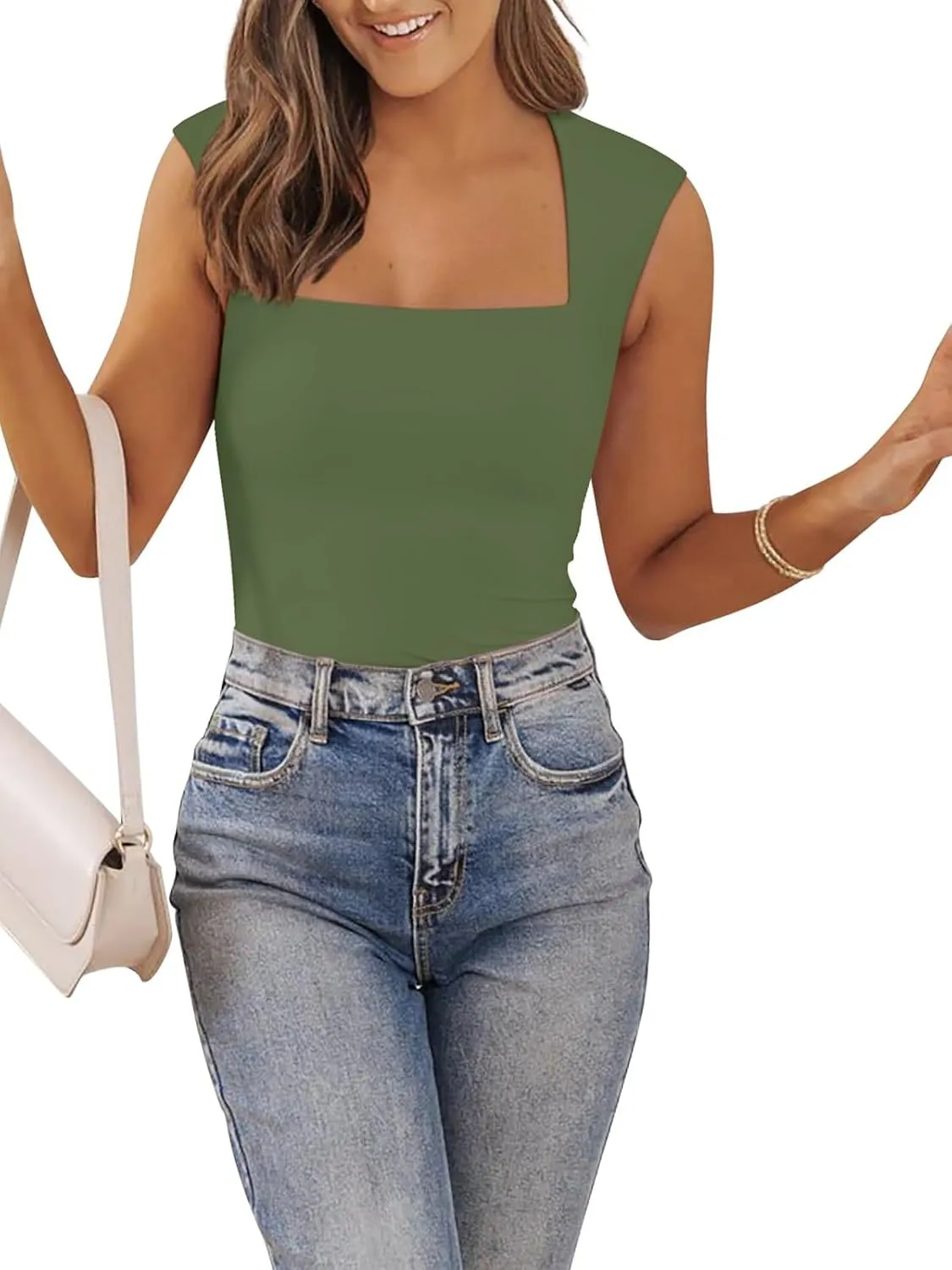 PINKMSTYLE Womens Basic Square Neck Tank Tops Double Lined Fitted Summer Tops Cute Sleeveless Shirts