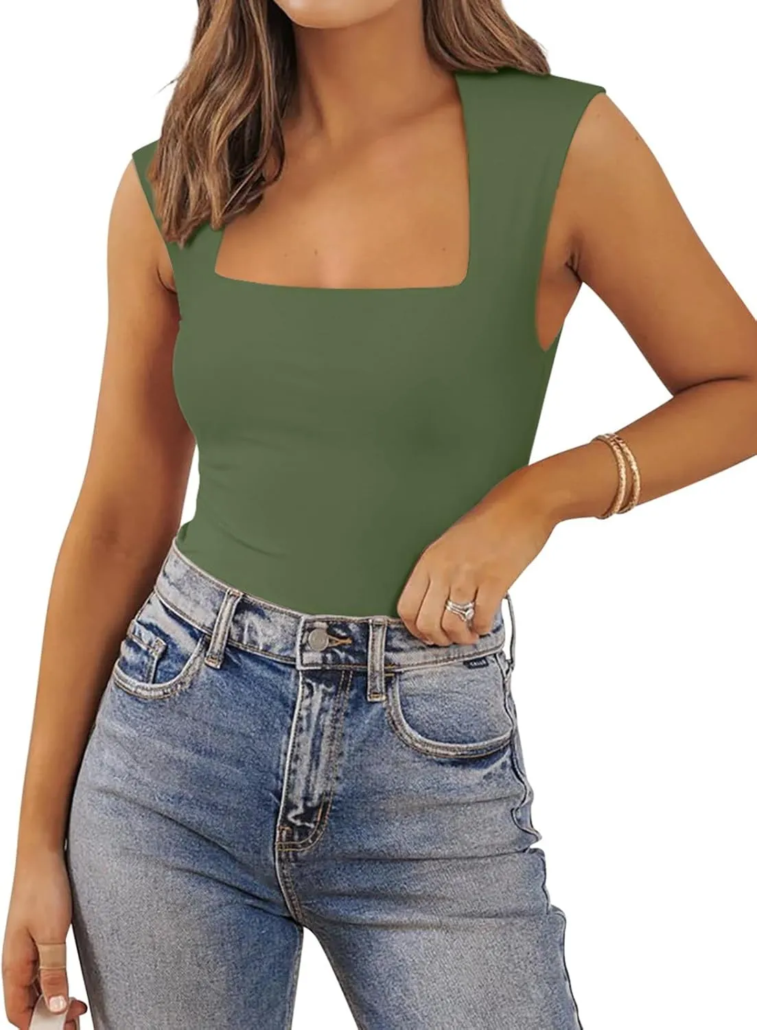 PINKMSTYLE Womens Basic Square Neck Tank Tops Double Lined Fitted Summer Tops Cute Sleeveless Shirts