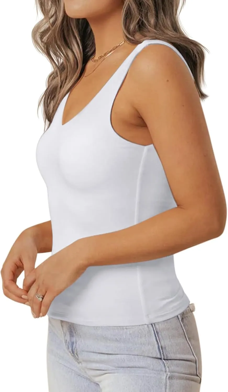PINKMSTYLE Womens Basic V Neck Tank Tops Double Lined Fitted Summer Tops Cute Sleeveless Shirts