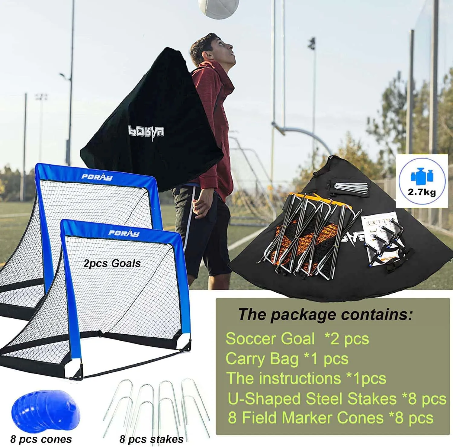 Poray Portable Soccer Goal Pop Up Soccer Net for Kids and Adults with 210D Oxford Fabric & Extra Stakes,Birthday Gift & Fun for Backyard and Soccer Training