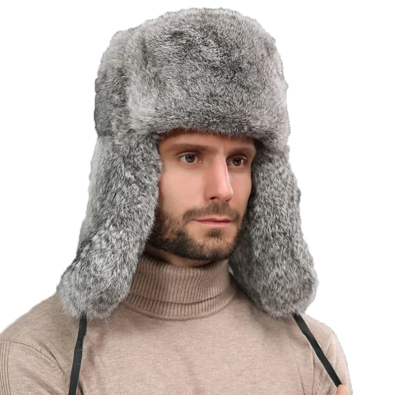 Thick Warm Bomber Hat Men Real Rabbit Fur Earflap Trapper Outdoor Russian Cap Male Plus Size Winter Hats Ski Russian Hat