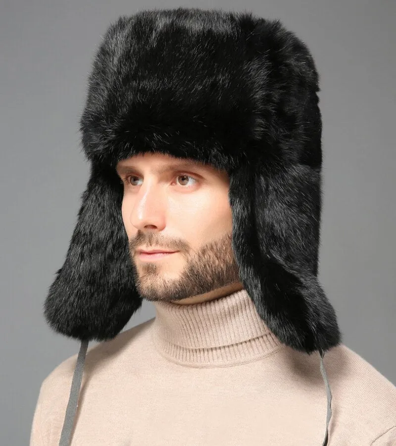 Thick Warm Bomber Hat Men Real Rabbit Fur Earflap Trapper Outdoor Russian Cap Male Plus Size Winter Hats Ski Russian Hat